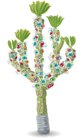 A cactus-like plant covered in colorful bubbles.
