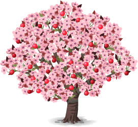 A fluffy tree with pink blossoms and round, red fruits.