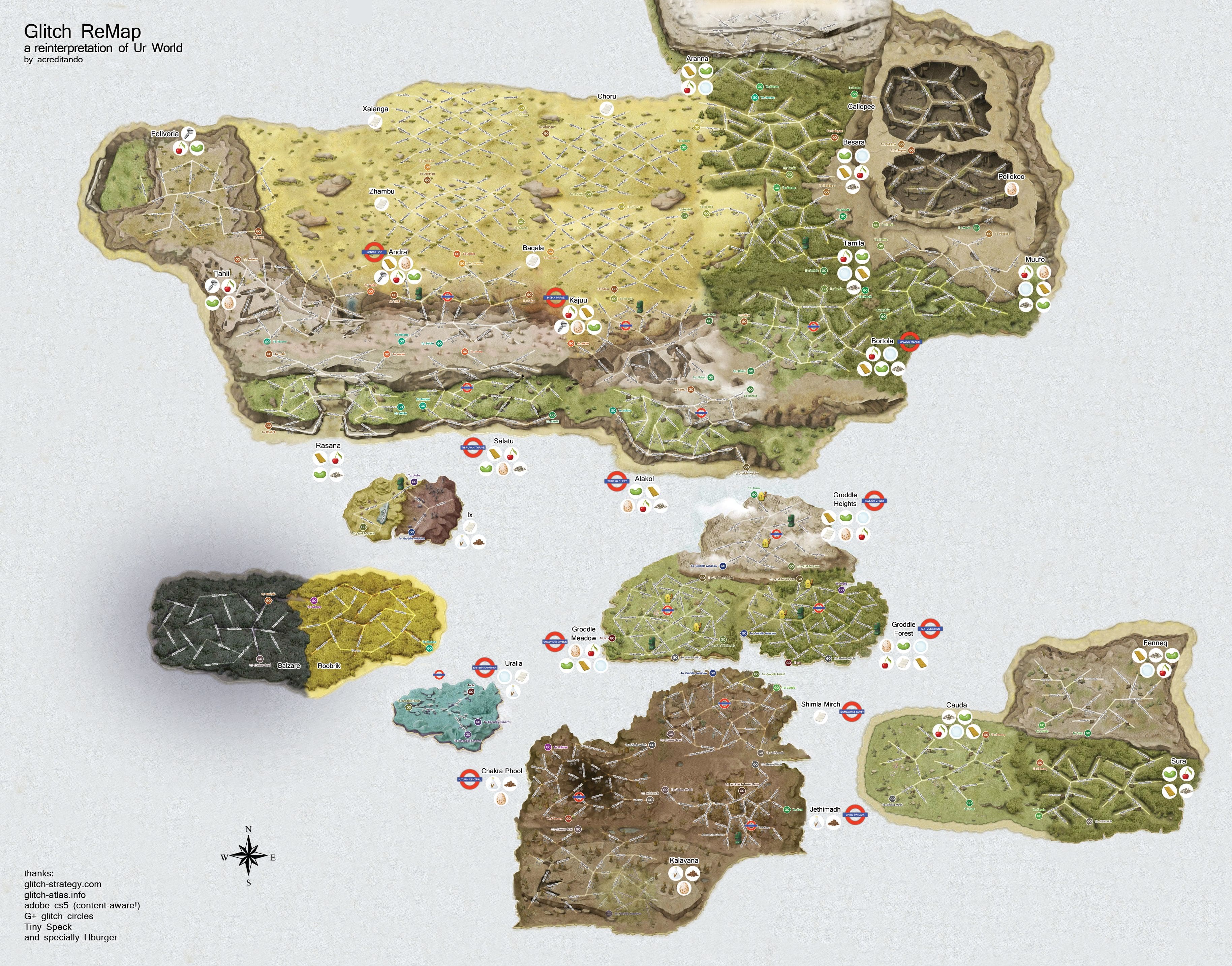 A map of about 32 regions in the game Glitch, spread over 7 landmasses of varying size. Biomes include forests, grasslands, mountains, caverns, bogs, meadows, and highlands.