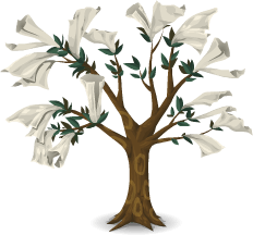 A thin, elegant tree with paper growing instead of flowers.